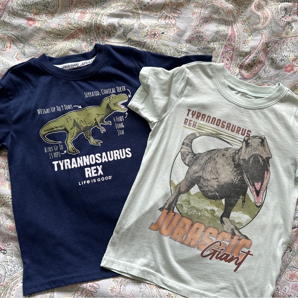Life Is Good (Blue) and Carter’s (Green) Dinosaur Graphic Tees